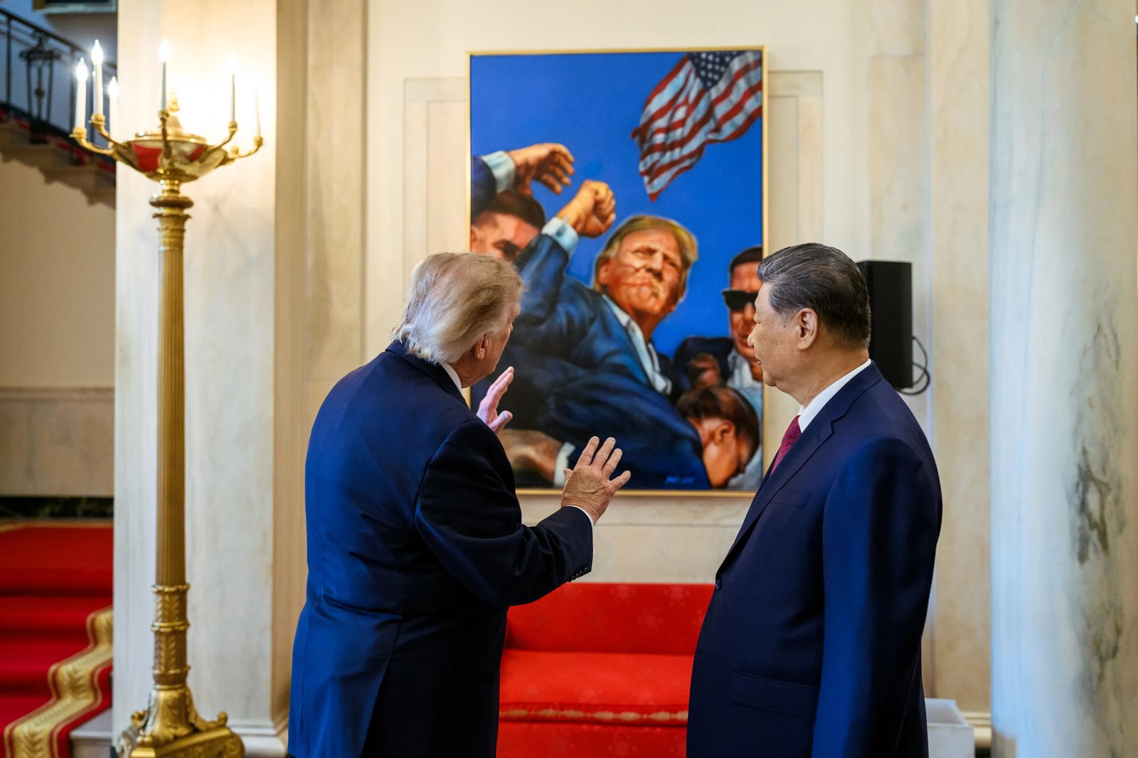 Trump shows Xi the White House's painting of the July 2024 assassination attempt, during Xi's state visit, September 2026.